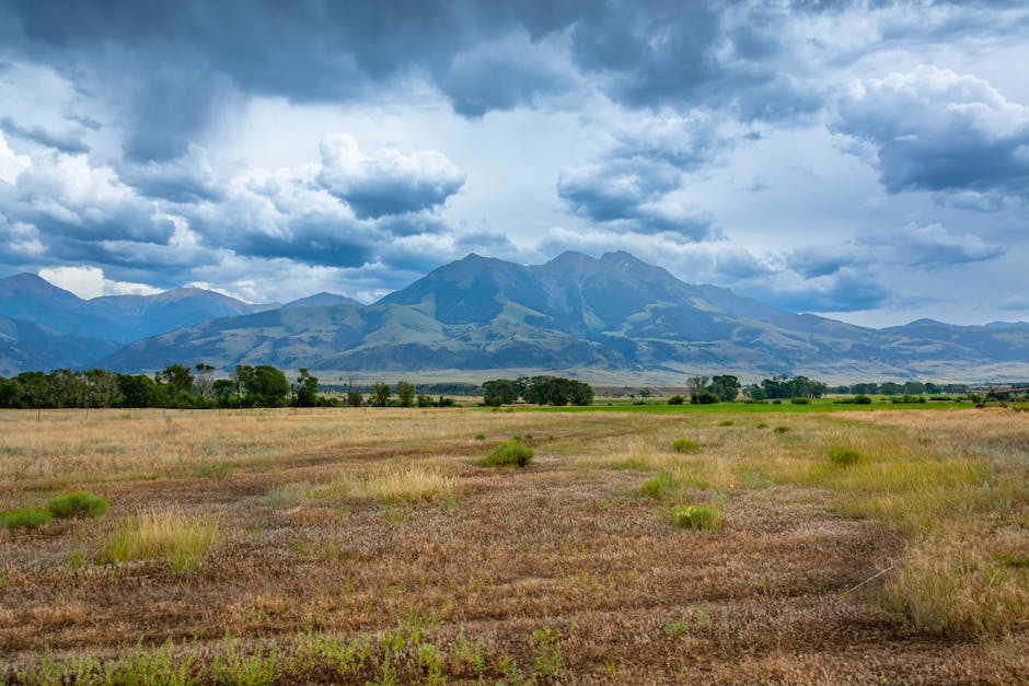 Landscape of mountains and grasslands under dramatic clouds in Wyoming.